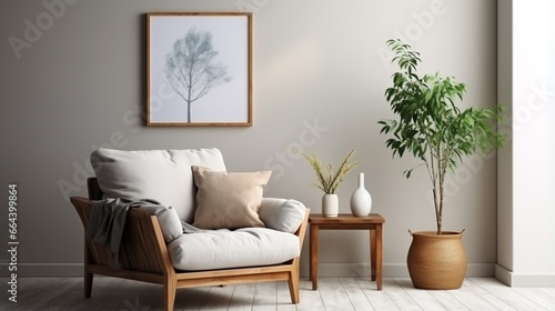 Scandinavian interior design of a modern living room with a gray armchair against a white wall with an empty mock-up poster frame