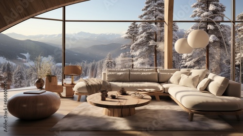 Scandinavian minimalist home interior design features a round wooden coffee table near beige sofas and an armchair against a floor-to-ceiling panoramic window with a winter mountain view © Newton