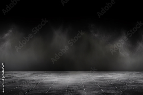 Abstract Dark Room Concrete Floor Background for Product Placement with Panoramic White Fog
