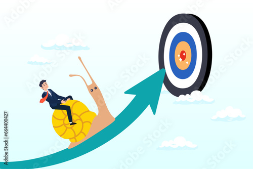 Tried businessman riding snail slow walking on arrow to reach target, slow business progress, laziness or procrastination, unproductive or efficiency (Vector)