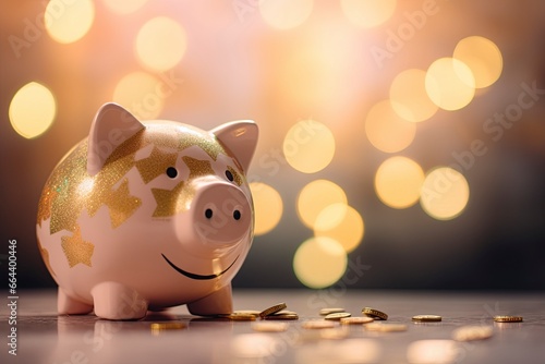 piggy bank with coins golden background.AI Generated