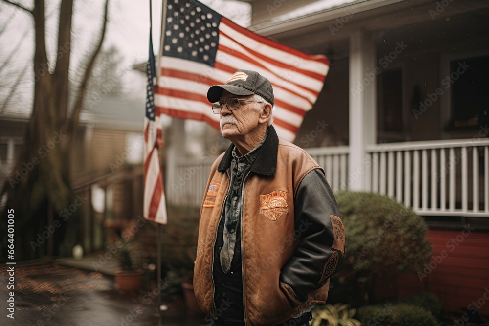 Old American veteran standing in front of usa flag.AI Generated