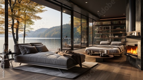 Fototapeta Naklejka Na Ścianę i Meble -  The interior design of a modern bedroom with big panoramic floor-to-ceiling windows offers beautiful lake views, complementing the minimalist style