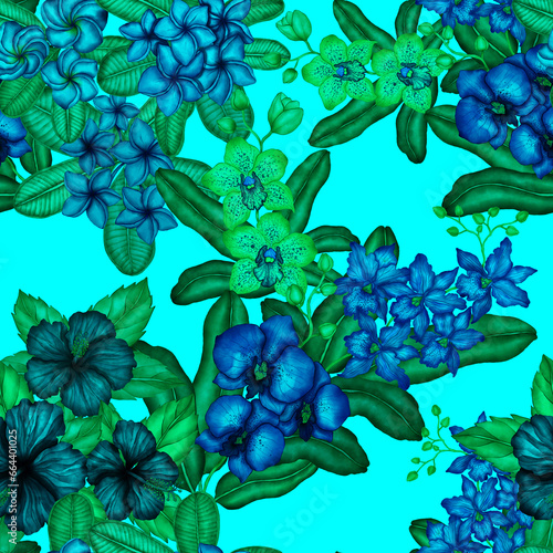 Watercolor seamless pattern with tropical flowers. Beautiful allover print wi...