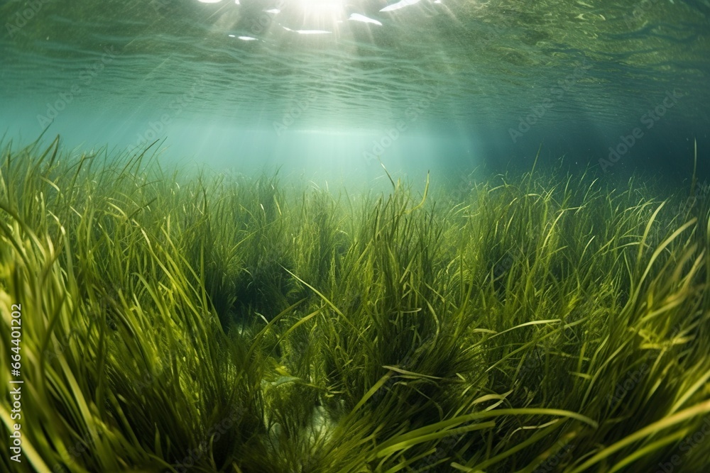 Neptune seagrass Posidonia oceanica underwater with natural sunlight in Mediterranean sea.AI Generated - obrazy, fototapety, plakaty 