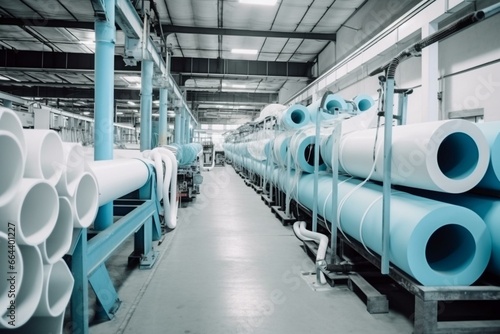 Polypropylene pipe warehouse and plastic pipe extrusion workshop with water supply and gas pipe production line in a manufacturing facility. Generative AI