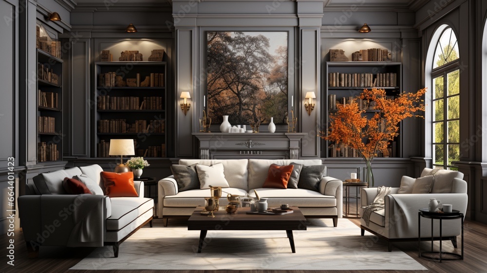 The interior design of a modern living room showcases a classic cozy room with gray sofa and armchairs