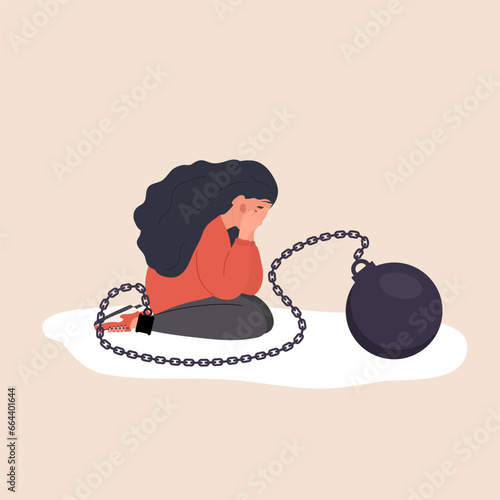 Self flagellation. Sad woman with heavy wrecking ball feeling guilty. Concept of psychological self-harm, criticism, judgment. Mental problems. Vector illustration in flat cartoon style.