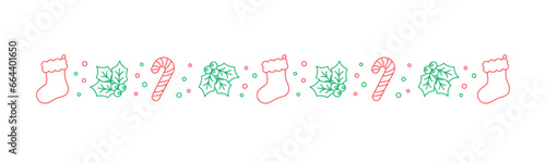 Christmas themed decorative border and text divider, Christmas Stocking, Candy Cane and Mistletoe Pattern Doodle. Vector Illustration.
