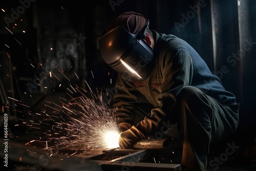 welder is welding metal part in factory.AI Generated © Max