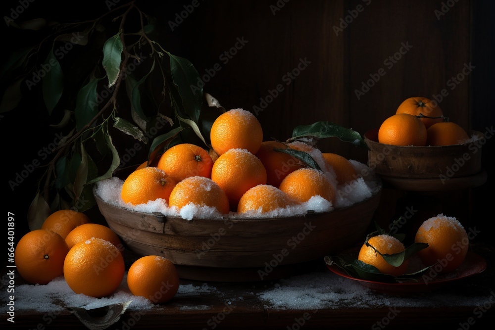 Wooden basket with oranges in winter.AI Generated