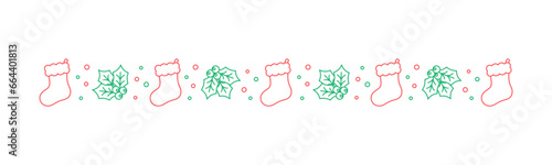 Christmas themed decorative border and text divider, Christmas Stocking and Mistletoe Pattern Line Art Doodle. Vector Illustration.