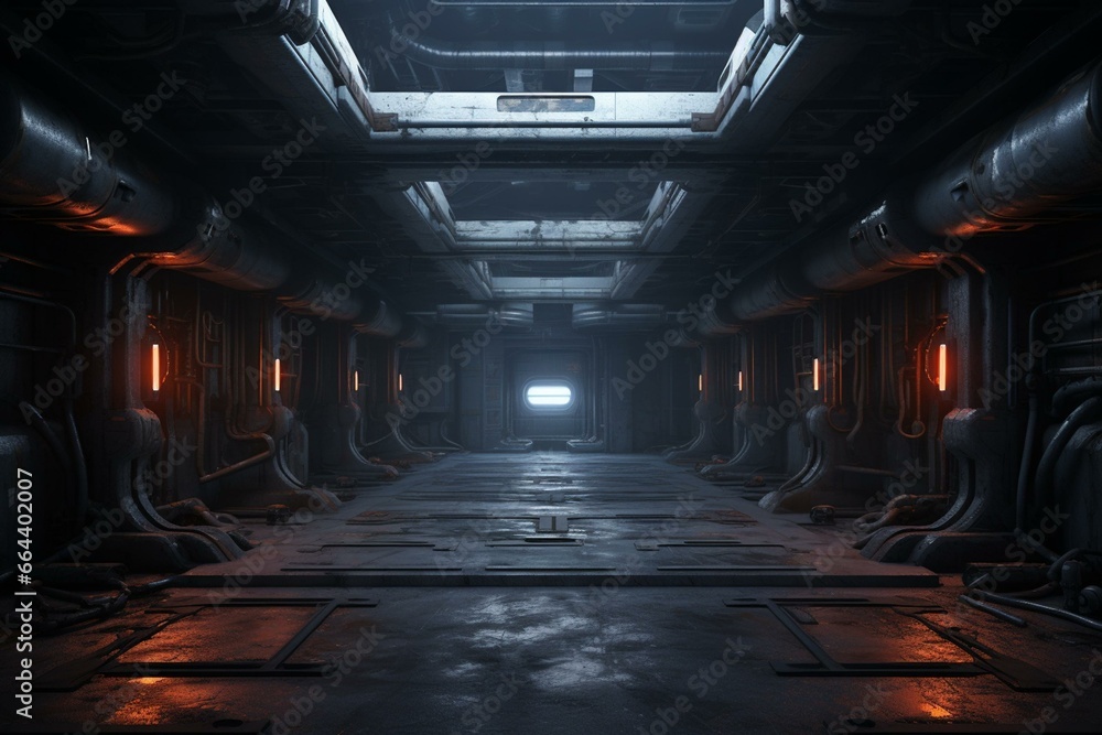 Dark sci-fi interior with metal ceiling in a 3D rendered scene. Generative AI