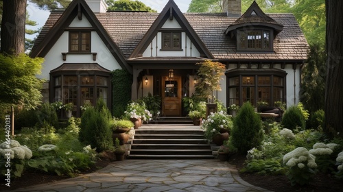 The main entrance door of the house features a wooden front door  gabled porch  and landing The exterior showcases Georgian style home cottage architecture with columns and wild stone cladding
