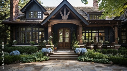 The main entrance door of the house features a wooden front door  gabled porch  and landing The exterior showcases Georgian style home cottage architecture with columns and stone cladding