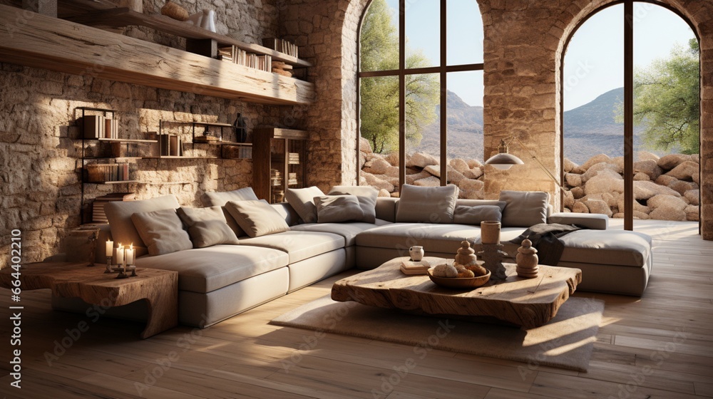 The Mediterranean style interior design of a modern living room features a sandstone wall, adding to its charm