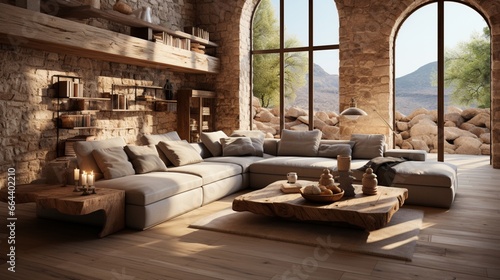 The Mediterranean style interior design of a modern living room features a sandstone wall, adding to its charm