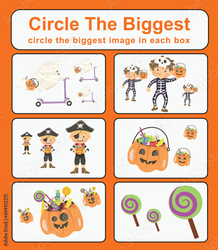 Educational game for preschool and kindergarten children circle the biggest object in each box of cute cartoon character of Halloween festival elements. Printable activity page for kids. Vector file. 
