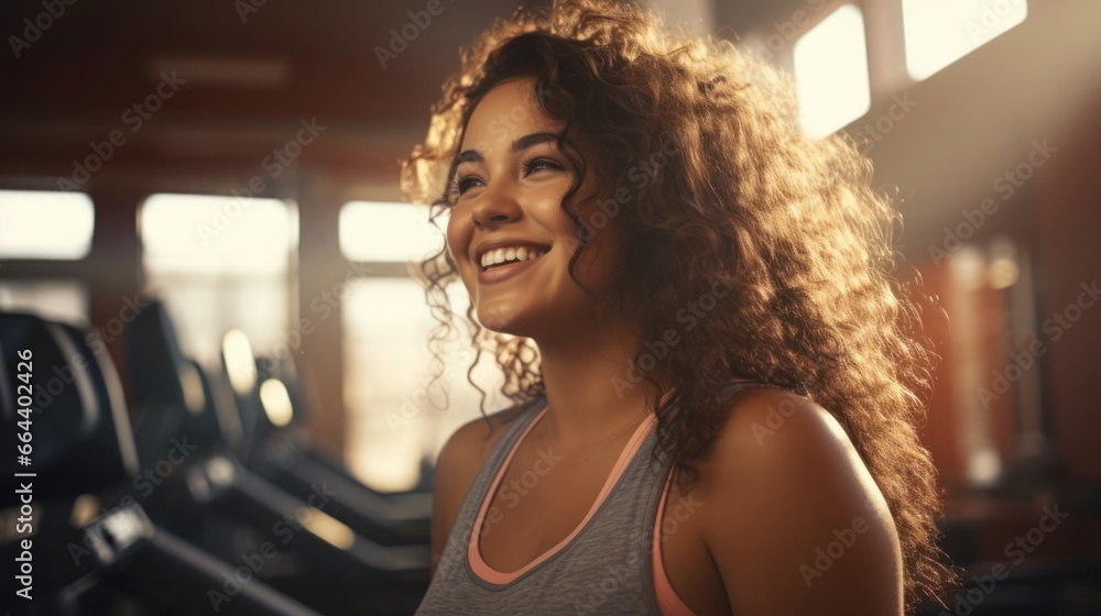 oversized body positive charming young woman in the gym on a treadmill.
