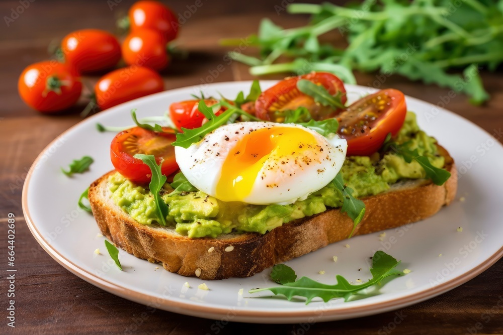 Avocado toast with eggs and roasted tomatoes.