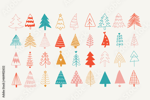 Hand drawn Christmas tree set for holiday Xmas and New Year designs. Holidays modern art collection. Abstract doodle drawing woods bright colors. Vector art illustration.