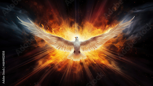 Image of a white flying dove, in background orange parts like flame or explosion