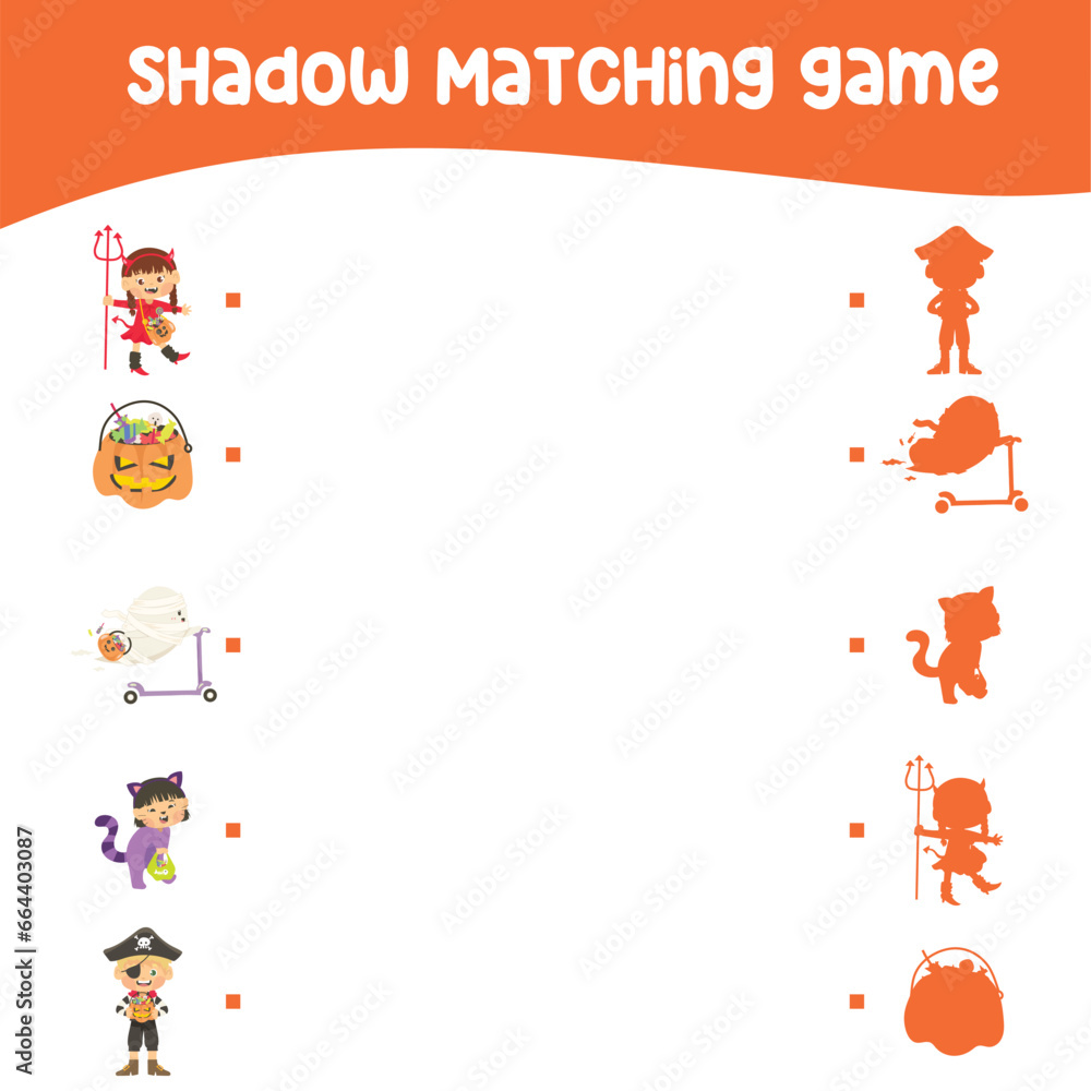 Fototapeta premium Matching shadows game for kids with cute kids in Halloween costume festival. Find the correct shadow of the Halloween elements. Printable worksheet for kid. Vector file. 