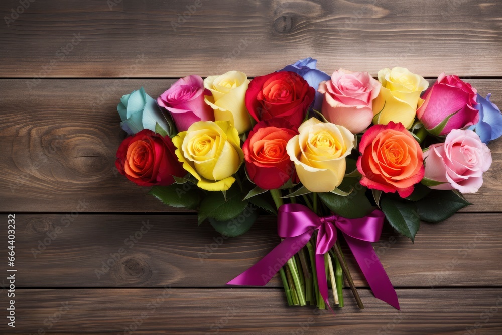 Bunch of multi colored roses on wooden planks, happy birthday lying on planks. Bunch of multi colored roses on wooden planks, happy birthday lying on planks.