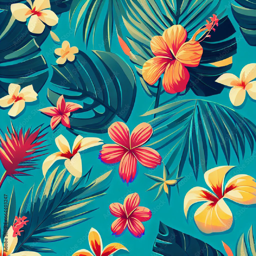 blue green background with flowers and leaves in Hawaiian style blue green background with flowers and leaves in Hawaiian style
