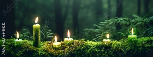 Burning candles on moss, dark green blurred the natural background. Magic candle.