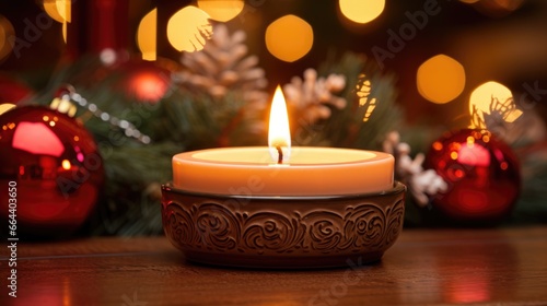 Christmas glowing burning candles  lights and holiday decorations Advent Background. Christmas Decoration With Ornament. Festive mood. Cozy  magical home atmosphere..