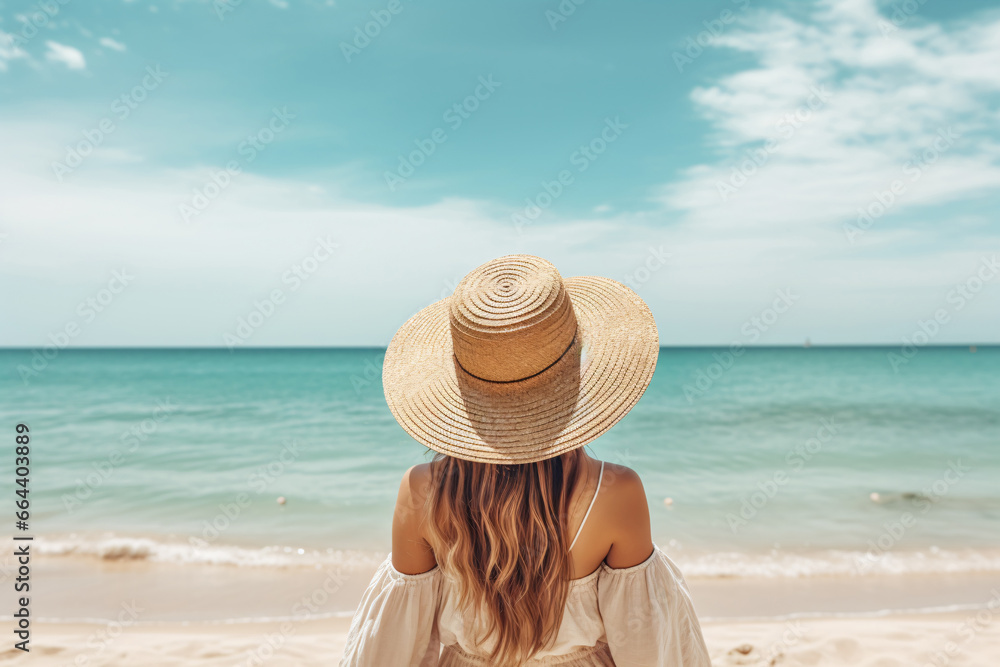 Back view of young woman with straw hat at sand beach on summer vacation. Summer vibe concept. Happy girl enjoying idyllic beach and ocean view. Summer holiday. Coastal relaxation.