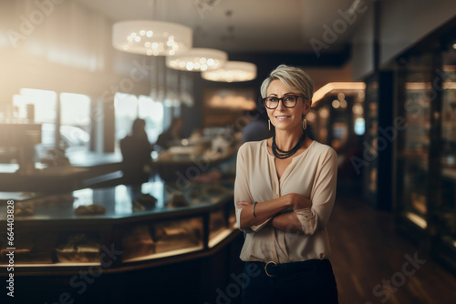 Beautiful elegant owner or manager in a women's jewelry and bijouterie store. Middle aged woman with elegant short haircut greets customers. Successful small business in beauty and fashion industry.