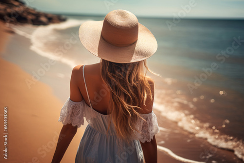 Back view of young woman with straw hat at sand beach on summer vacation. Summer vibe concept. Happy girl enjoy and relax beauty beach and ocean. Summer holiday. Coastal relaxation.
