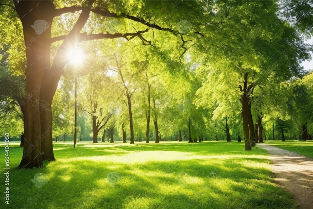 Sunny green park with trees. Generative AI