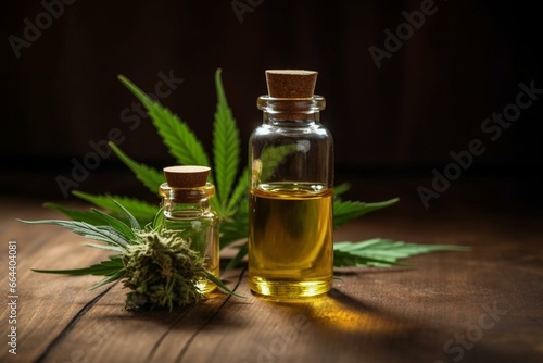 A bottle with cannabis leaf and CBD oil placed on a wooden table. Generative AI