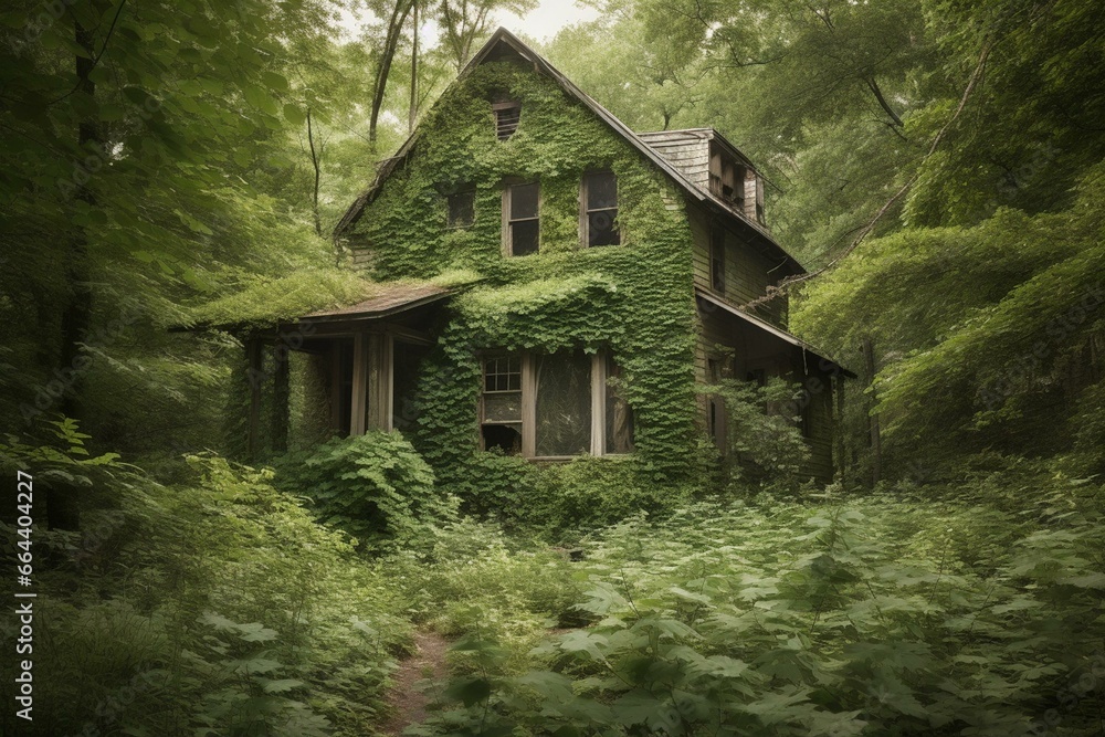 house covered in vegetation, left behind in woods. Generative AI
