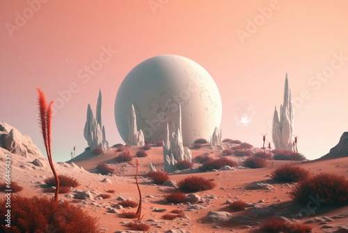 Conceptual art of minimalist alien planet with unique landscape and plant life. Generative AI