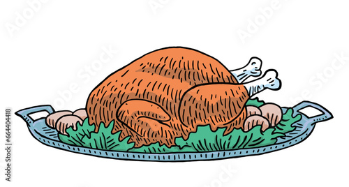 Vector Plated With Roasted Turkey Cartoon Doodle Art Illustration