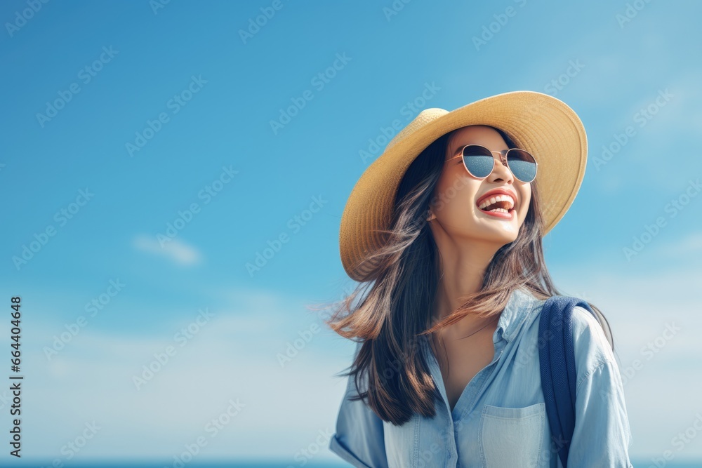 Happy young Asian tourist woman wearing beach hat, sunglasses and backpacks going to travel on holidays on blue background. - obrazy, fototapety, plakaty 