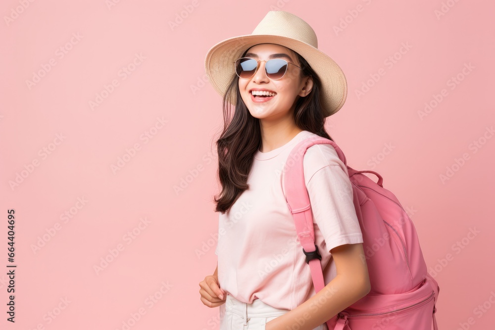 Happy young Asian tourist woman wearing beach hat, sunglasses and backpacks going to travel on holidays on pink background. Happy young Asian tourist woman wearing beach hat, sunglasses and backpacks going to travel on holidays on pink background.