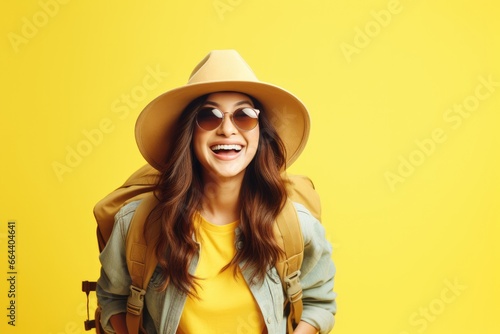 Happy young Asian tourist woman wearing beach hat, sunglasses and backpacks going to travel on holidays on yellow background. © Oulaphone