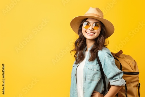 Happy young Asian tourist woman wearing beach hat  sunglasses and backpacks going to travel on holidays on yellow background.