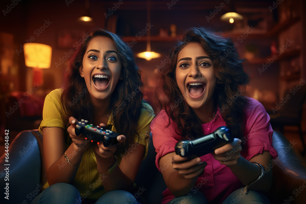 Beautiful Indian women friends having fun with video games at home. Exited girls using joystick to play games in living room in front of TV. - obrazy, fototapety, plakaty 
