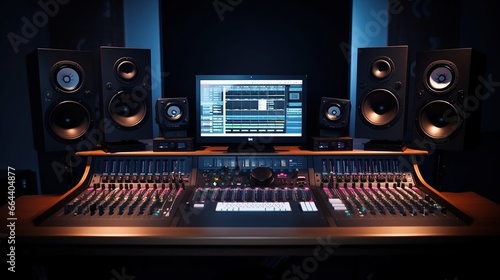 Modern Music Recording Studio .Control Desk . Generative AI photo