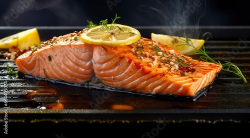 Gourmet cutlet of fresh salmon seasoned with herbs, spices, and lemon zest grilling on a griddle.