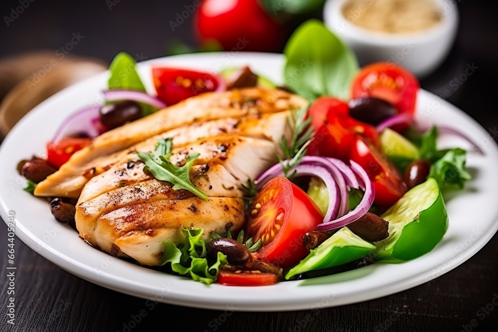 Grilled chicken breast with tomatoes, red pepper, organic green and kalamata olives. Grilled chicken breast with tomatoes, red pepper, organic green and kalamata olives.