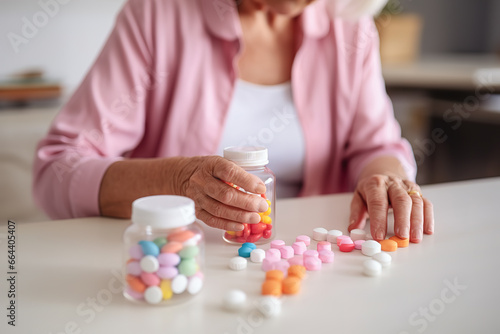 Close up mature woman taking pills from bottle  sitting at table  preparing to take supplements or painkiller  emergency medicine  healthcare and treatment concept.