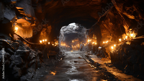 A panoramic view of an underground mine, where miners work amidst dimly lit tunnels and heavy machinery