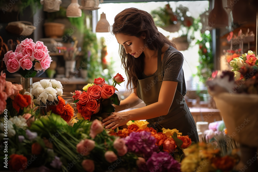 Young woman arranging artificial flowers vest decoration at home. Florist work making diy bouquet of artificial flowers, craft and handmade concept.